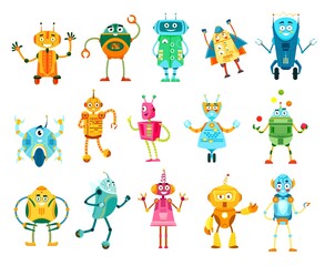 Poster - Cartoon robots and droids characters, vector cyborgs with friendly faces. Artificial intelligence androids and humanoids with arms and wheels, smart ai bots technology, isolated comic personages set