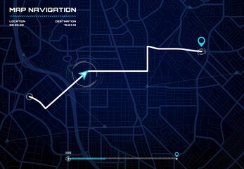 Poster - City map navigation interface, GPS navigator screen with street roads and location, vector background. City road map screen interface with compass and destination points and traffic route direction