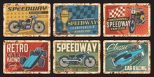 Race Car, Motorcycle And Kart With Finish Flag Vintage Banners Of Vector Racing Sport, Rally And Motorsport. Auto Racing Retro Vehicles, Automobiles And Bikes And Championship Trophy Cups Retro Signs