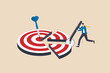 © Nuthawut - Break down big goal into small achievable goals, success strategy to focus on short, medium and long term goals to achieve final accomplishment, businessman break down dartboard target into chunks.