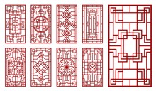 Asian Window And Door Ornaments. Korean, Chinese And Japanese Patterns. Oriental Vintage Vector Wall Or Interior Decorations With Endless Knot Lattice Or Grid, Floral And Line Rectangular Ornaments