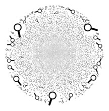 Zoom Magnifier Fireworks Round Cluster. Object Pattern Is Made From Scattered Zoom Magnifier Pictographs As Fireworks Circle. Abstract Spheric Cluster Collage Designed From Zoom Magnifier Symbols.