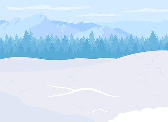 Poster - Mountain resort flat color vector illustration. Ski season. Outdoor recreation. Skiing and snowboarding opportunities. Mountain national park 2D cartoon landscape with snowy peaks on background