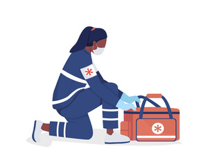 Poster - female ambulance attendant semi flat color vector character. full body person on white. nurse with d