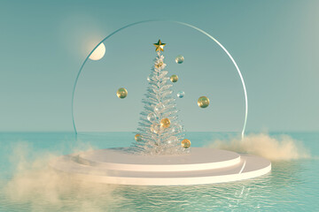 Poster - Abstract Christmas tree with a podium for product display. 3d rendering.