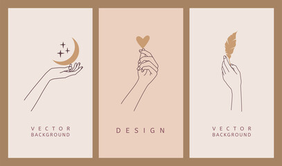Wall Mural - vector collection of astrology and mystical stories templates. liner logos hands in different gestur
