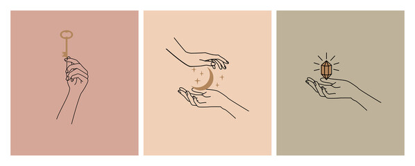 Wall Mural - hand drawn vector mystical and astrology signs. liner templates logos or emblems hands in different 
