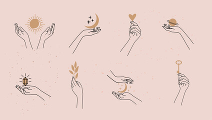 Wall Mural - hand drawn vector mystical and astrology signs. liner templates logos or emblems hands in different 