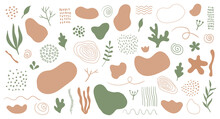 Organic Shapes, Spots, Plants, Lines. Vector Set Of Trendy Abstract Hand Drawn Earth Tone Elements For Graphic Design