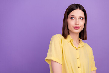 Wall Mural - Photo of youth adorable lady wondered look empty space idea plan thoughtful isolated over violet color background