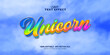 Colorful and editable unicorn lettering on cloudy sky background, text effect