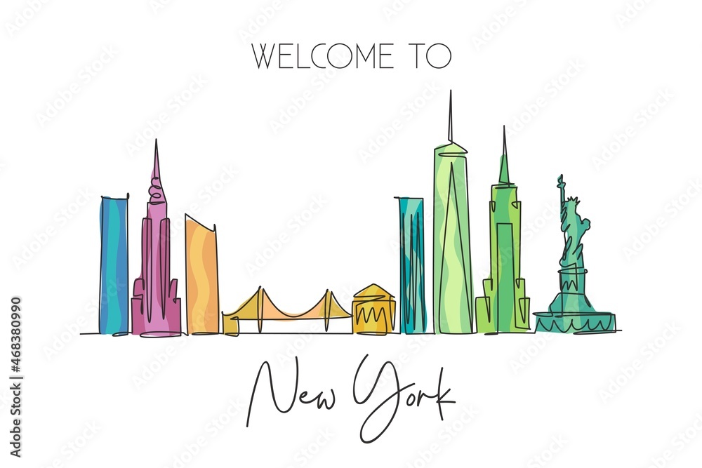 One continuous line drawing of New York city skyline, United States of ...