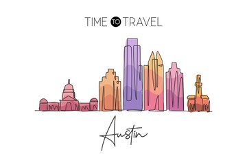 Wall Mural - Single continuous line drawing of Austin city skyline, USA. Famous city scraper and landscape. World travel concept home decor wall art poster print. Modern one line draw design vector illustration
