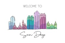 Single Continuous Line Drawing Of San Diego City Skyline, USA. Famous City Scraper And Landscape. World Travel Concept Home Wall Decor Poster Print Art. Modern One Line Draw Design Vector Illustration