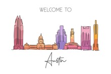 One Single Line Drawing Of Austin City Skyline, United States. Historical Town Landscape In The World. Best Holiday Destination. Editable Stroke Trendy Continuous Line Draw Design Vector Illustration