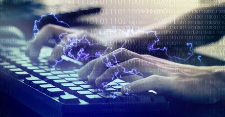 hand typing keyboard with thunder light effect , sparking electricity power hand, computer programming concept