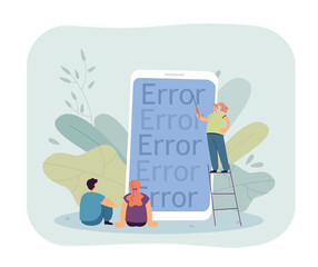 Poster - Cartoon maintenance team fixing error in mobile app software. Word error on huge phone screen flat vector illustration. Technology, development concept for banner, website design or landing web page