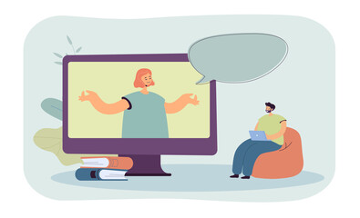 Poster - Client with laptop watching therapist on huge computer screen. Psychologist teaching man meditation flat vector illustration. Mental health, wellness, technology concept for banner or landing web page
