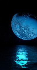 Wall Mural - 3d render, moon with background milky way moon track reflection in water, sea, ocean vertical composition