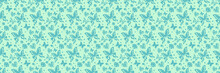 Beautiful Background Pattern With Decorative Butterflies, Stars, Hearts And Floral Elements On A Blue Green Background. Seamless Background For Wallpaper, Textures. Vector Illustration.
