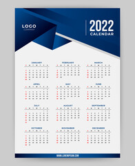 2022 business style modern new year calendar design template. abstract blue wive shapes. in A3 size. Vector EPS 10