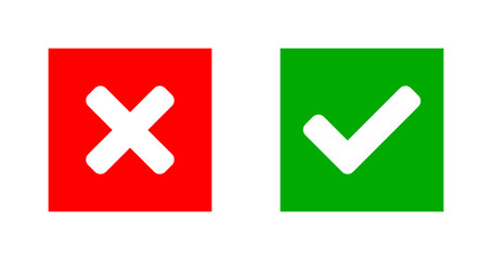 Poster - Yes and No or Right and Wrong or Approved and Declined Icon Set with Check Mark and X Cross Sign in Green and Red Squares. Vector Image.