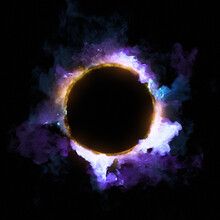 Mystical Ring, Spiritual Aura And Abstract Solar Flare. Purple Circular Flare, Energy Burst And Explosion Of Nebula Gas. Magic Glow And Glitter Effect. Ethereal Paranormal Ring. Center Copy Space. 