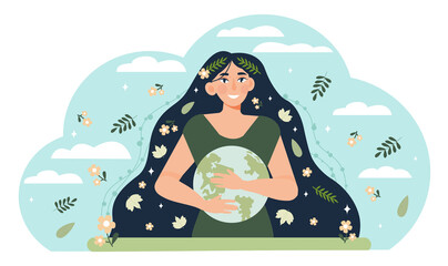 Wall Mural - Mother earth concept. Young woman with leaves and plants in her hair embraces planet earth. Conservation of biological diversity. Taking care of nature. Cartoon colorful flat vector illustration