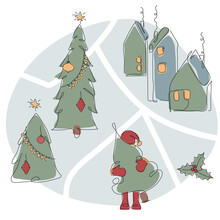 Christmas Landscape Map With Santa Claus, Fire Tree And Scandinavian Village House. The Xmas Vector IIllustration Happy Winter Time In One Line Style