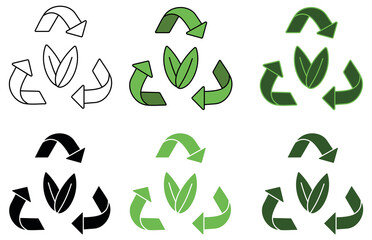 Wall Mural - Recycle Symbol with Leaf Clipart Set - Outline, Silhouette and Green