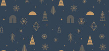 Simple Christmas Background, Golden Geometric Minimalist Elements And Icons. Happy New Year Banner. Xmas Tree, Snowflakes, Decorations Elements. Retro Clean Concept Design