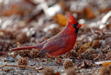 Sticker - Beautiful shot of a cute little red bird standing on ground with blurry background