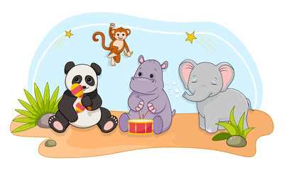 Cute Safari Animals. Colorful wild animals with maracas and drums. Panda, monkey, elephant and hippo sitting on sand. Design element for children clothing. Cartoon modern flat vector illustration