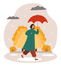 Girl With Umbrella Concept. Young Woman In Coat Walks In Rainy Autumn Weather. Character Walks Down Street With Puddles. Wind And Low Temperature. Cartoon Contemporary Flat Vector Illustration