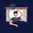 Snoring vector illustration. Young man lying in the bed, snores loudly with open mouth while deep sleep. Male person catching some zzz's. Sleep apnea, snoring, fast asleep concept for web.Flat design