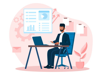 Poster - office worker. man sits at his workplace and analyzes statistics. big data and database. employee pe