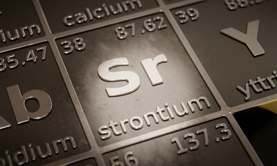 Fototapete - Highlight on chemical element Strontium in periodic table of elements. 3D rendering
