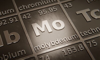 Fototapete - Highlight on chemical element Molybdenum in periodic table of elements. 3D rendering