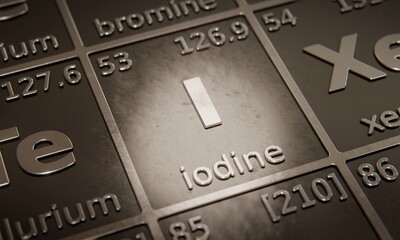 Fototapete - Highlight on chemical element Iodine in periodic table of elements. 3D rendering