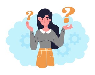 Poster - Concept of thinking woman. Character with two questions mark in her hands. Deadlock in life, problems at work. Choosing one of two paths, evaluating decisions. Cartoon flat vector illustration