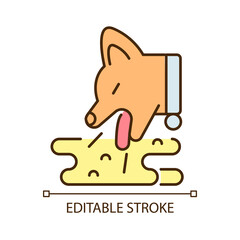 Sticker - Vomiting pet RGB color icon. Emesis and throwing up. Stomach content explosion. Sick animal with digestive problems. Isolated vector illustration. Simple filled line drawing. Editable stroke