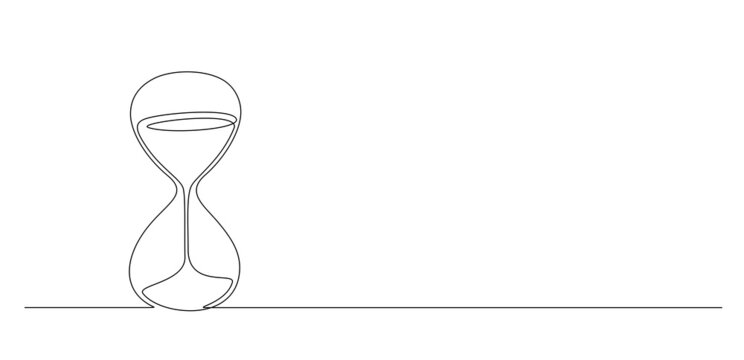 One continuous line drawing of hourglass with flow sand. Vintage timer as time passing concept for business deadline in simple linear style isolated on white background. Doodle vector illustration