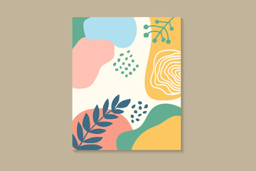 Poster - Abstract terrazzo style background set with pastel color hand drawn geometric and brush shapes. Tropical leaves silhouettes. Works for decoration wall prints or book cover or flyer or menu design.