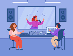 Music producer at mixing desk listening to singer in studio. Woman recording sound in booth, song production flat vector illustration. Music, technology concept for banner or landing web page