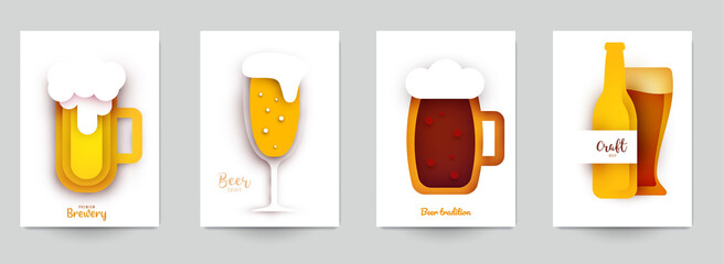 Set background templates for beer banner, flyer, card, poster in modern minimalistic paper cut style. Collection design composition of branding ads, festival, party, identity. Vector illustration.