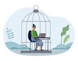 Concept of inner prison. Girl works for laptop in cage. Office employee, restrictions. Character wants to be free. Psychological problems, person feeling like trapped. Cartoon flat vector illustration