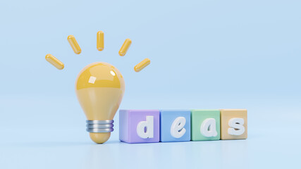 Innovation idea and knowledge concept, colorful ideas word or alphabet text word IDEAS with a light bulb isolated on black background, creative concepts, learning new knowledge, 3d rendering