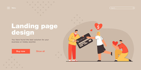 Woman choosing money instead of love. Loving man unhappy. Credit card, heart, wealth flat vector illustration. Relationship and happiness concept for banner, website design or landing web page