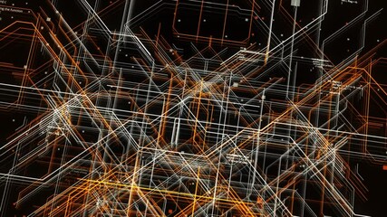 Poster -  Abstract conceptual background with neuron data information and network connections. Animation. Crossing orange and white lines and program code.