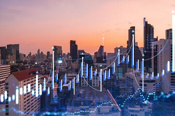 Wall Mural - Glowing FOREX graph hologram, aerial panoramic cityscape of Bangkok at sunset. Stock and bond trading in Southeast Asia. The concept of fund management. Double exposure.